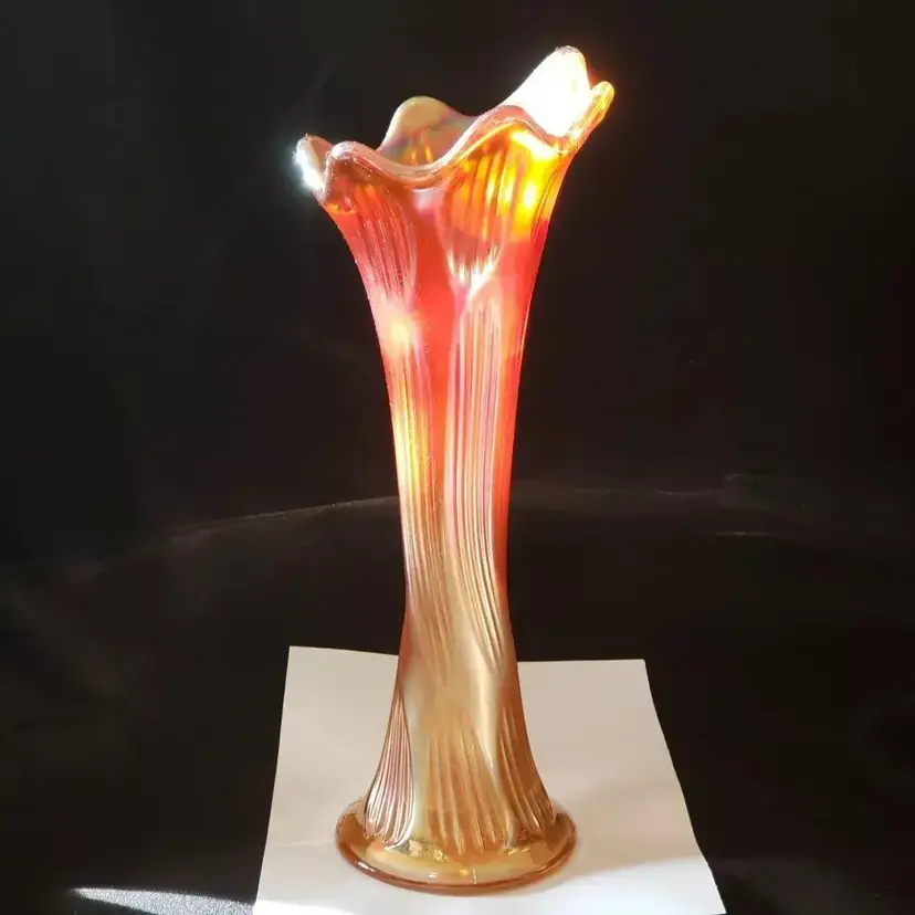 Swung Carnival Glass Vase Ribbed Amber Iridescent Swirl 6 Finger Vintage
