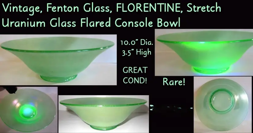Antique Fenton Florentine Green Stretch Glass, Uranium, Console Bowl Ca 1920s