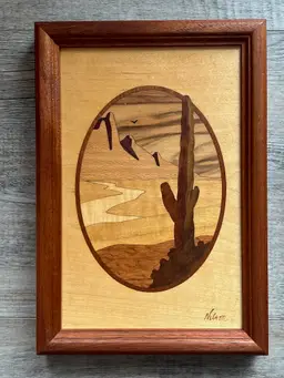 Jeff Nelson Hudson River Inlay Marquetry Wood Desert Scene Picture 7x10 inch