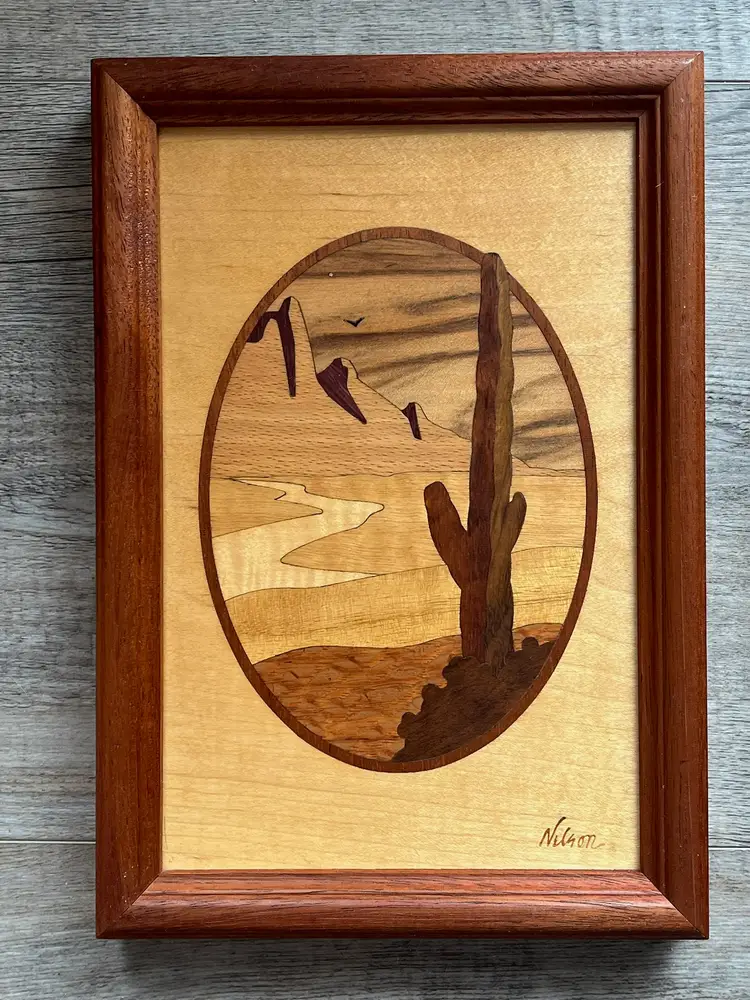 Jeff Nelson Hudson River Inlay Marquetry Wood Desert Scene Picture 7x10 inch