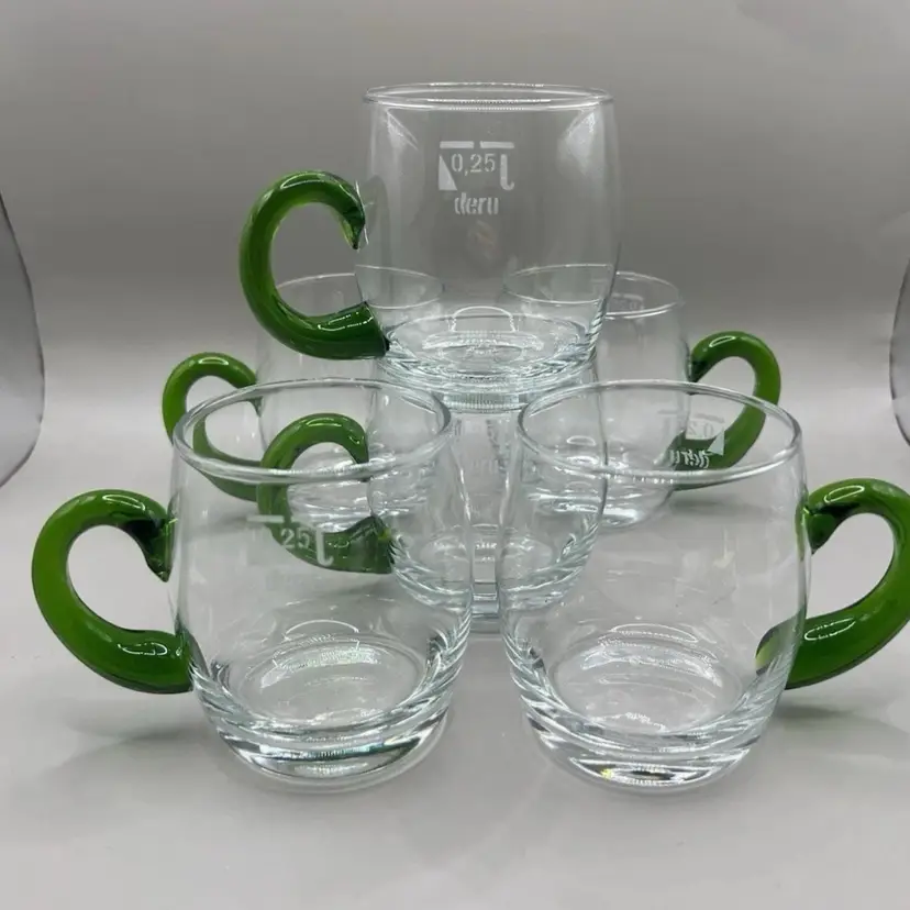 Blown Glass Wine Mugs with Applied Green Glass Handles Set of 6 0.25 Liters Deru 3.5”
