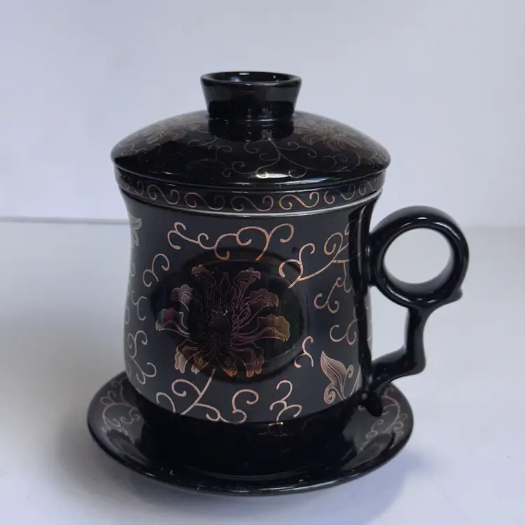 #1473 Teavana Tea Bone China Porcelain Cup Infuser Lid Plate Black w Gold Tone Hand Painted Floral Design