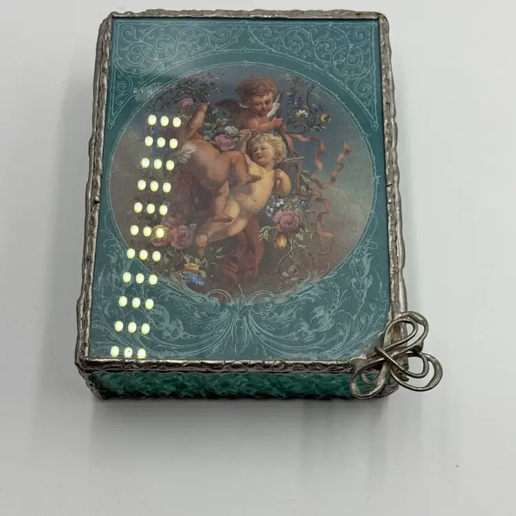 Teal Iridescent Glass Cherub Jewelry Keepsake Storage Box With Chained