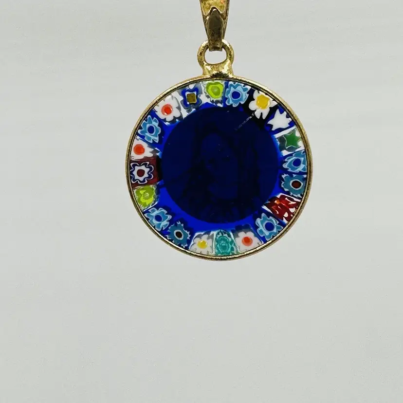 Murrina Necklace 925 Pendant Italy Micro Mosaic Glass Blue Glass Venice Vintage