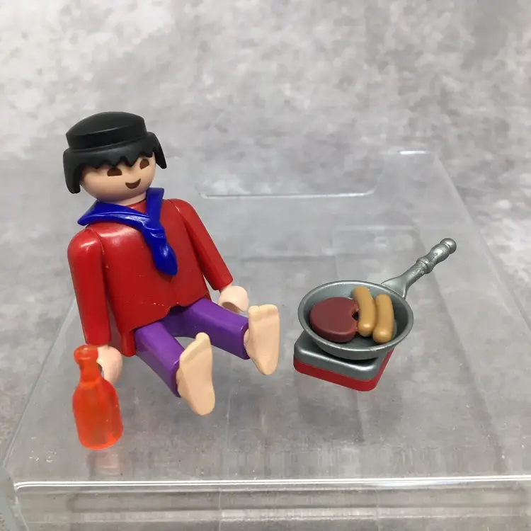 Playmobil Male Figure Grilling Lunch- Meat, Skillet, Drink, Portable Grill Top