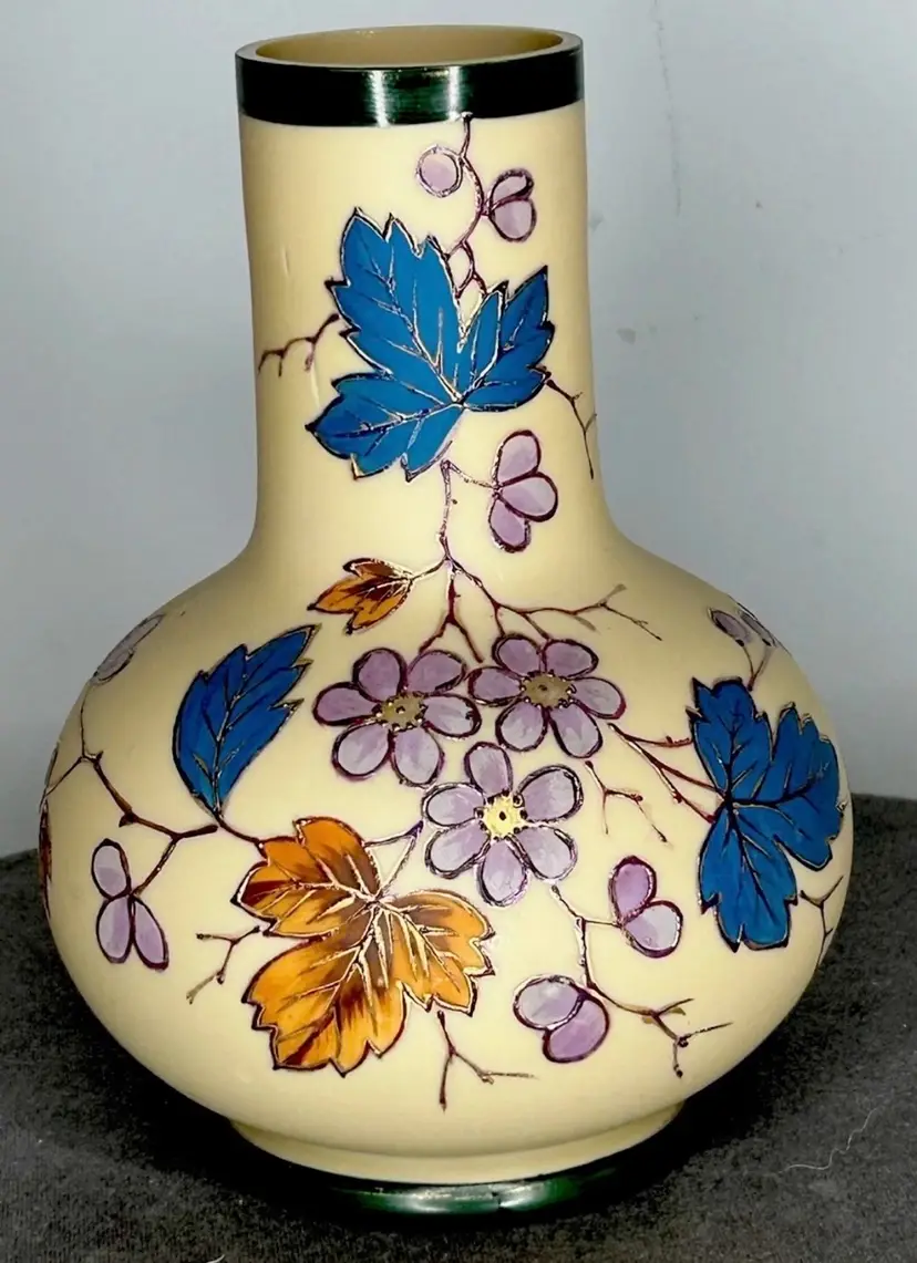 Vintage Art Nouveau Handblown Bohemian Gold Enameling Custard Glass
Vase