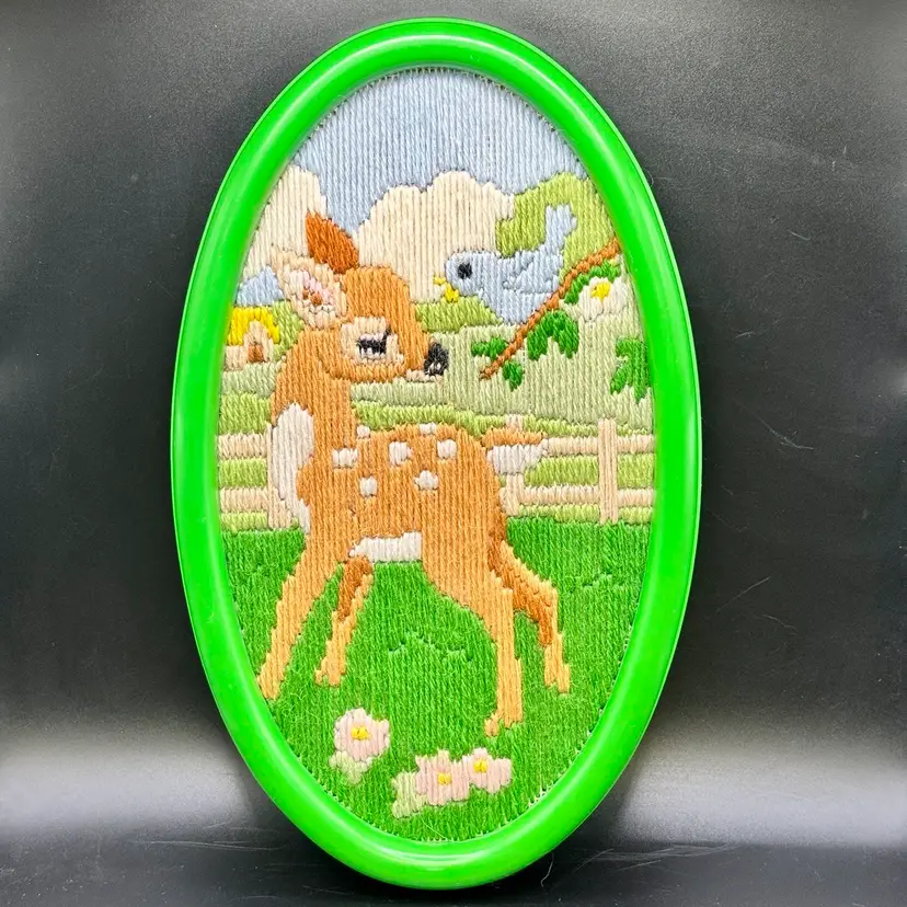 Oval Deer & Bird Framed Stitched Picture 10”