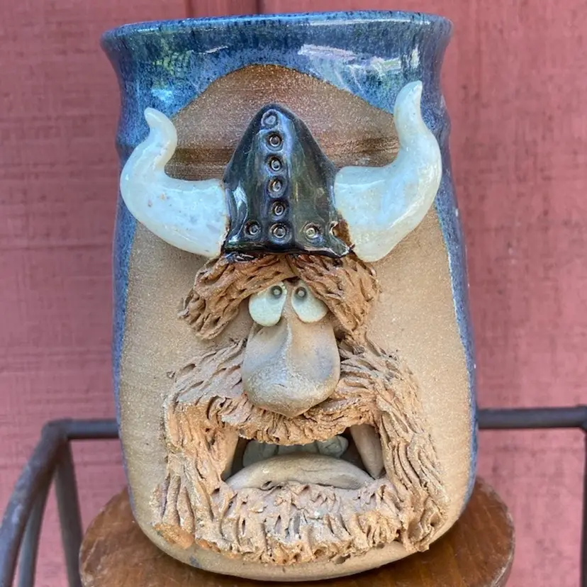 Handmade Pottery Mug With Viking’s Head Applied And Carved. Open-mouthed Viking Wearing Horned Hat. Not Signed.