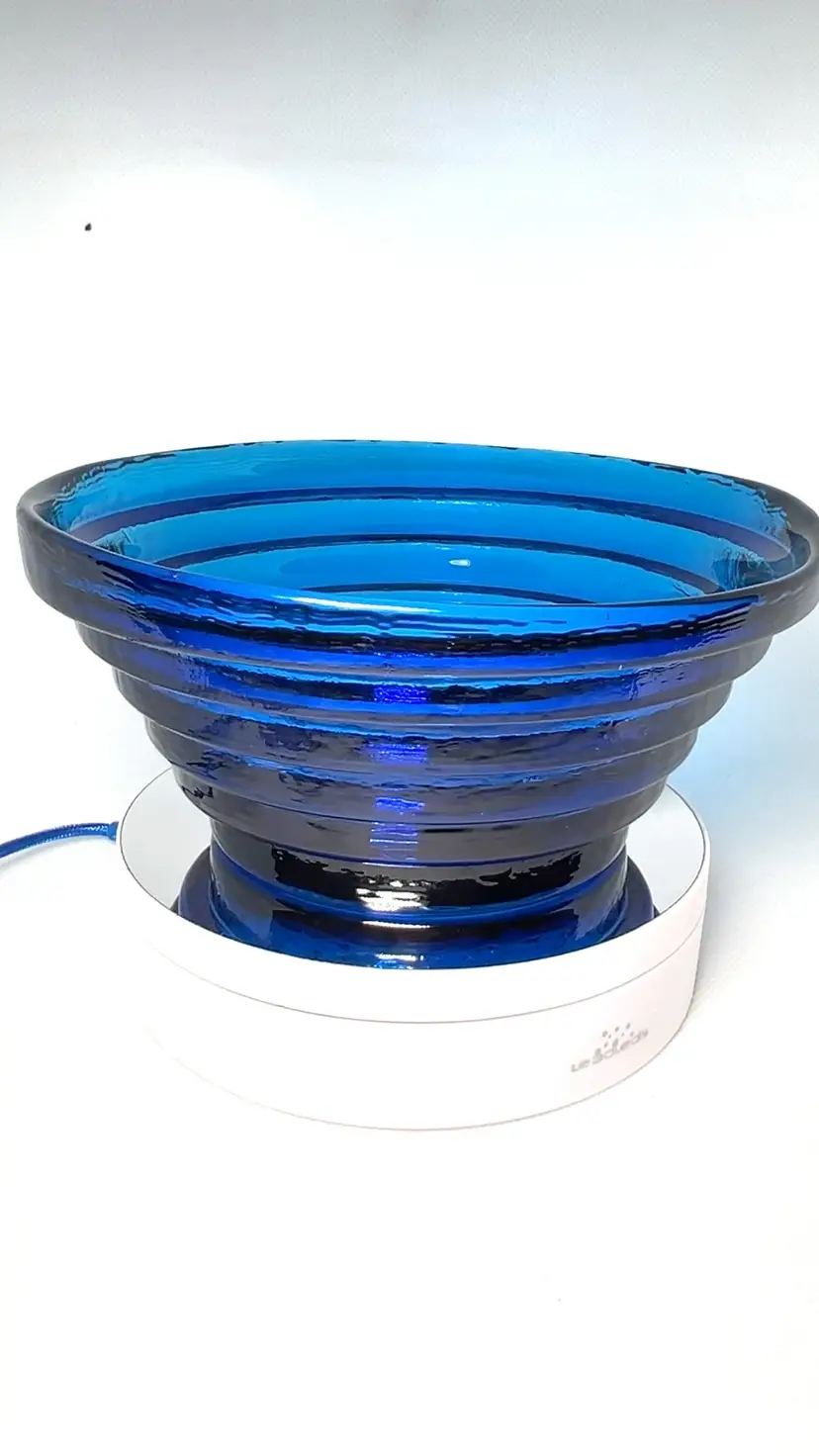 Blenko Cobalt Blue 💙 Step Pyramid Shape Ribbed Handmade Glass Bowl. Original Sticker Vintage 1999-2000. 
3” Tall x 6-1/2” Across Top x 3-1/2” Across Bottom.