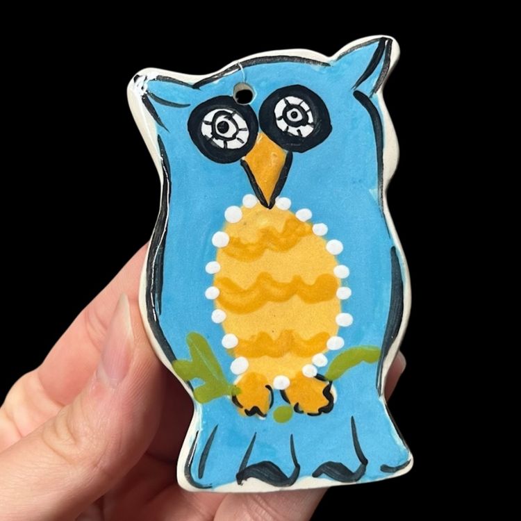 Heather Lane Pottery Owl Ornament, Art Pottery Owl Ornament, Blue Owl Pottery Ornament, Ceramic Owl Wall Art, Michigan Artist Pottery