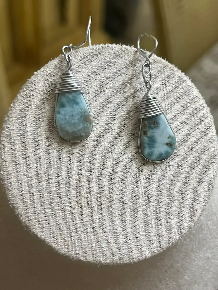 Larimar Teardrop Station Wire wrapped Necklace & Pierced Earrings Set