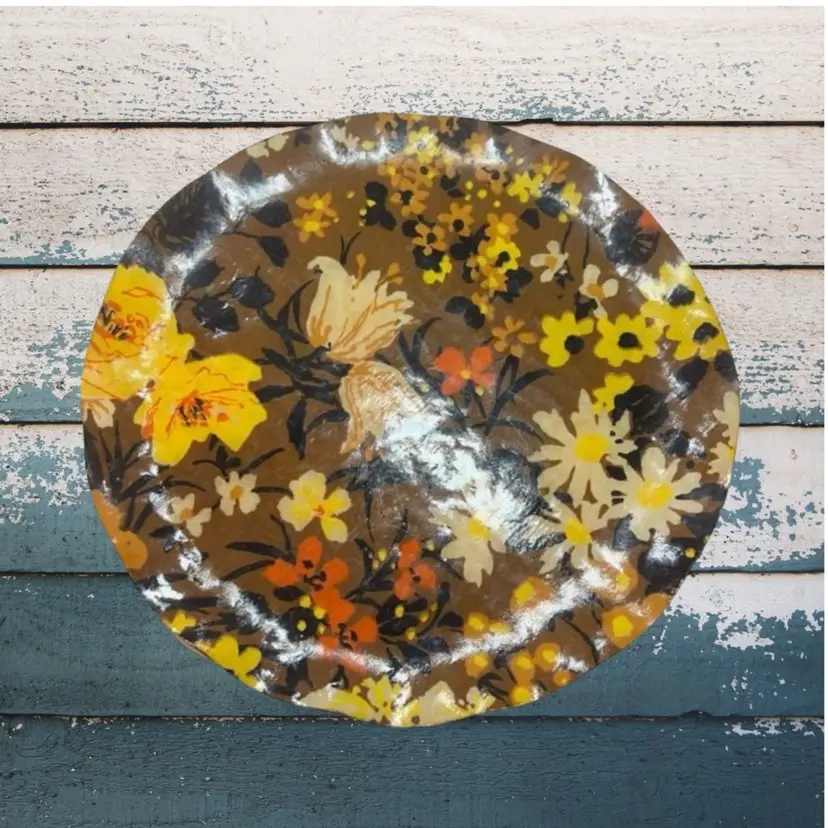 Vintage 70s Fiberglass Fabric Floral Groovy 12” Plate MCM Mid Century Modern