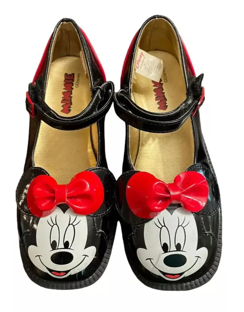 Minnie Mouse Disney Girl Mary Jane Shoes Sz 13/1 Black Red Bow Adjustable Buckl