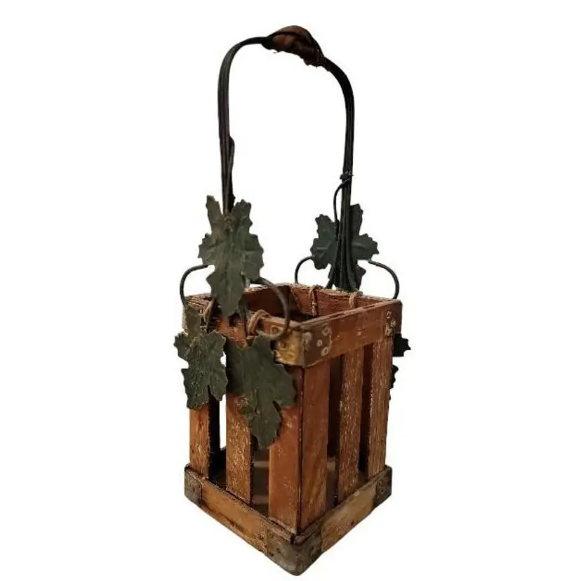 Vintage Old Fashion Wine Bottle Carrier Basket Metal Ivy Handle Wood Handmade Winery Rustic