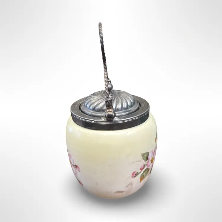 Antique Victorian Glass Biscuit Jar Twisted Metal Handle Wild Rose Hand Painted Floral Design