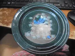 Enameled Green Speckled Metal 8.5" Hand Painted NOT signed Plate