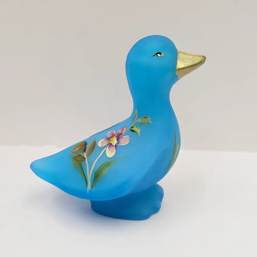 Fenton 3.5" Blue Satin Glass Hand Painted Duck Goose Figurine