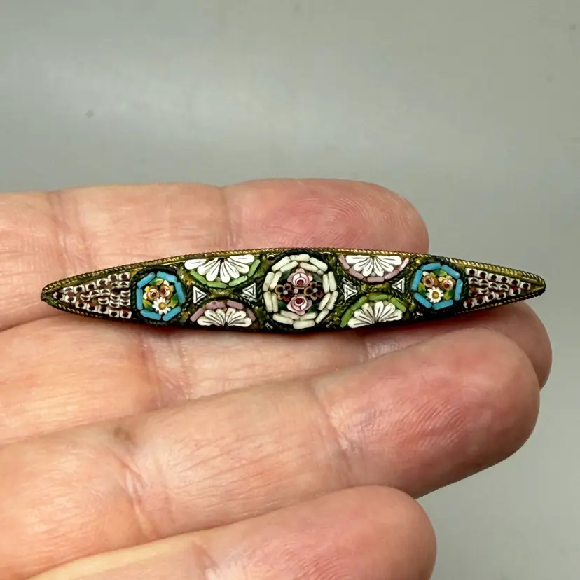 Antique Victorian Micro Mosaic Bar Brooch Pin Italian Hallmark "WR&Co" C Clasp