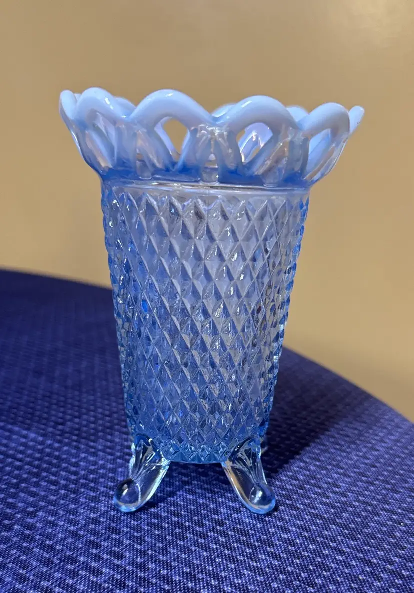Imperial Glass Katy Blue Opalescent Laced Edge 4 Footed Vase 5.25” tall