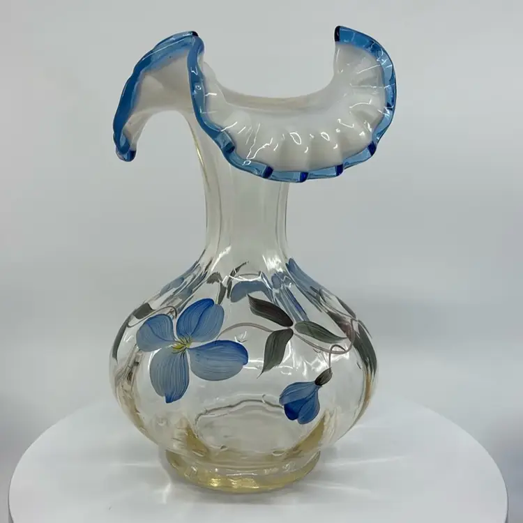 Fenton Blue Floral Opalescent Ruffled Aqua Crest Vase Signed 8”