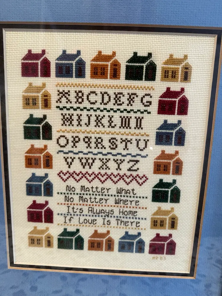 Vintage Alphabet & Houses Handmade Needlepoint Reframed Picture Medium 15.5" x 13.5”.
