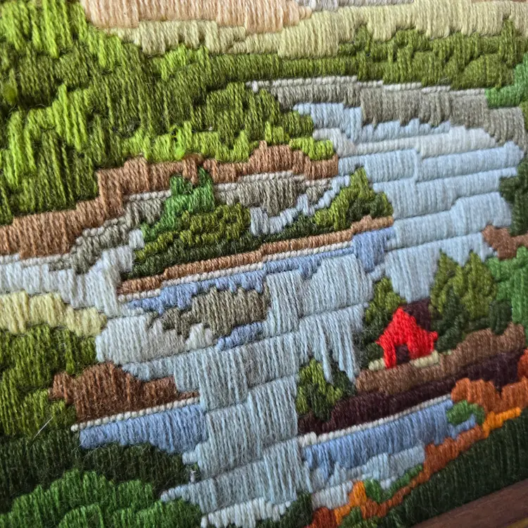 Vintage MCM Outdoor Scene Framed Crewel Needlepoint Artwork