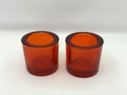 Optic Rib Hammered Orange Glass Votive Holders, Empoli Italy, Mid-Century Set of 2
