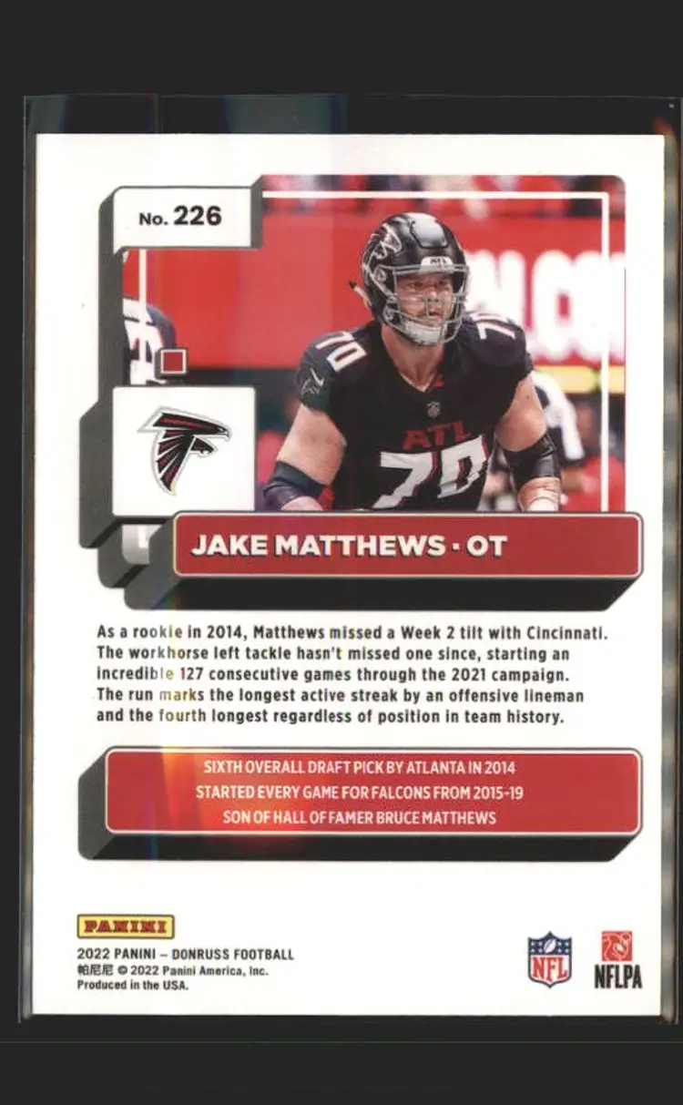 2022 Donruss #226 Jake Matthews Blue Press Proof - (139) - Atlanta Falcons