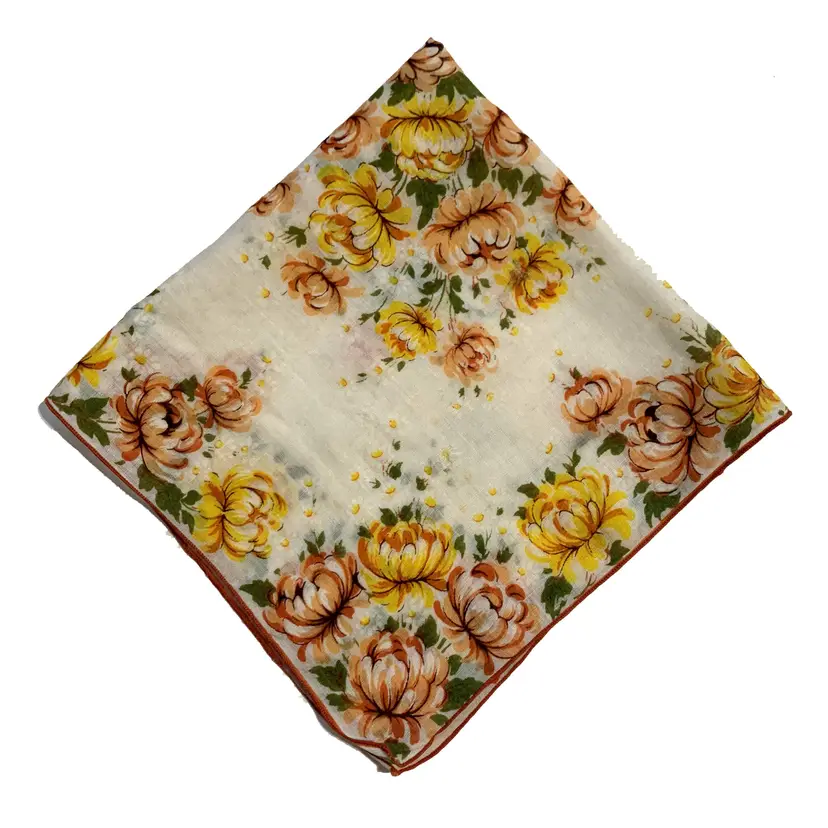 Orange Yellow Floral Handkerchief Chrysanthemum Cottage Core Granny Vintage
