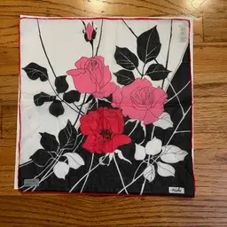 Beautiful Floral Pink & Black Hankie Switzerland - Original Tags 12”
