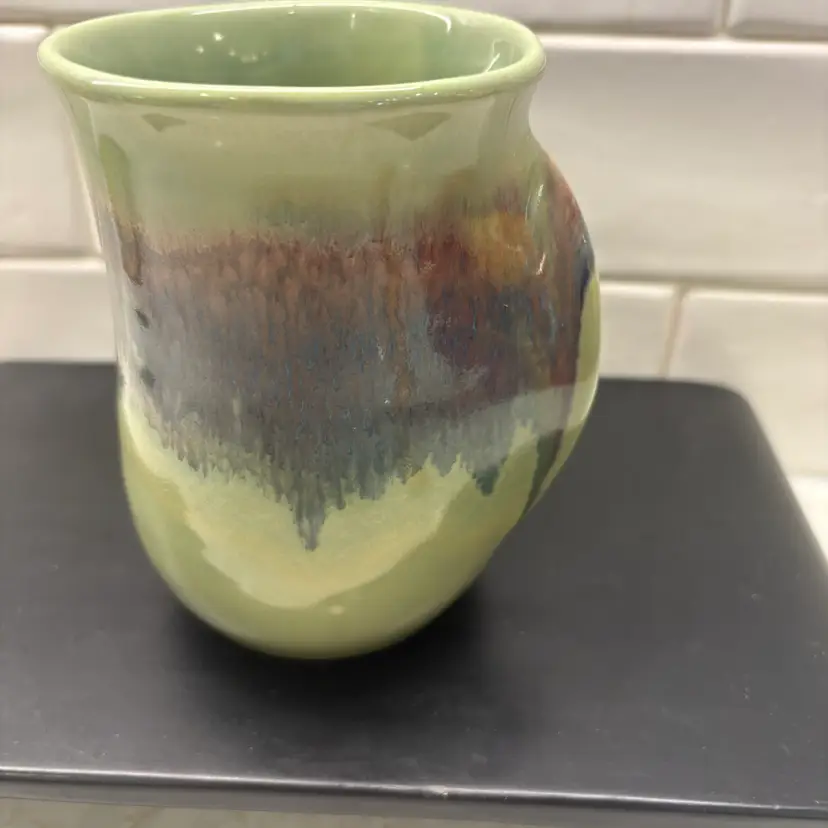 NEHER POTTERY Hand Warmer Coffee Mug Tea Cup Drip Glaze Right Handed Signed 2015