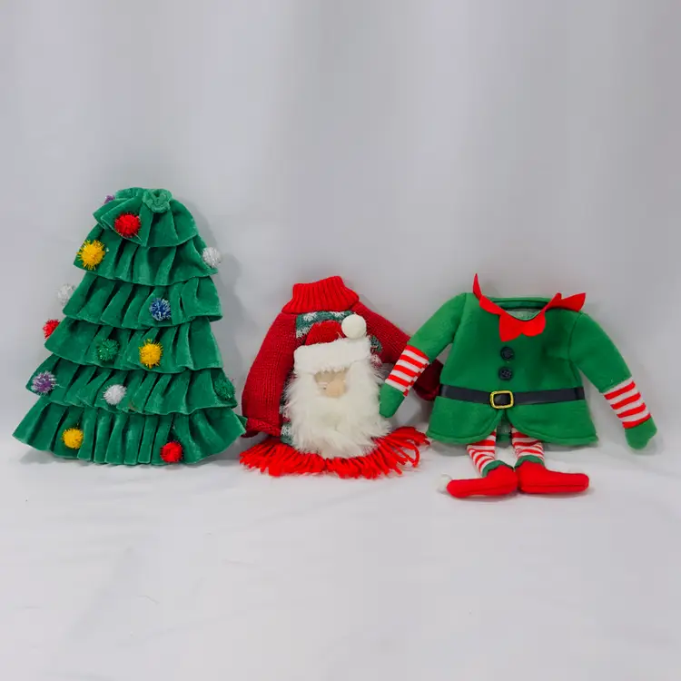 #1722 Lot of 3 St Nicholas Square Christmas Themed Wine Bottle Covers, Santa, Tree and Elf Suit