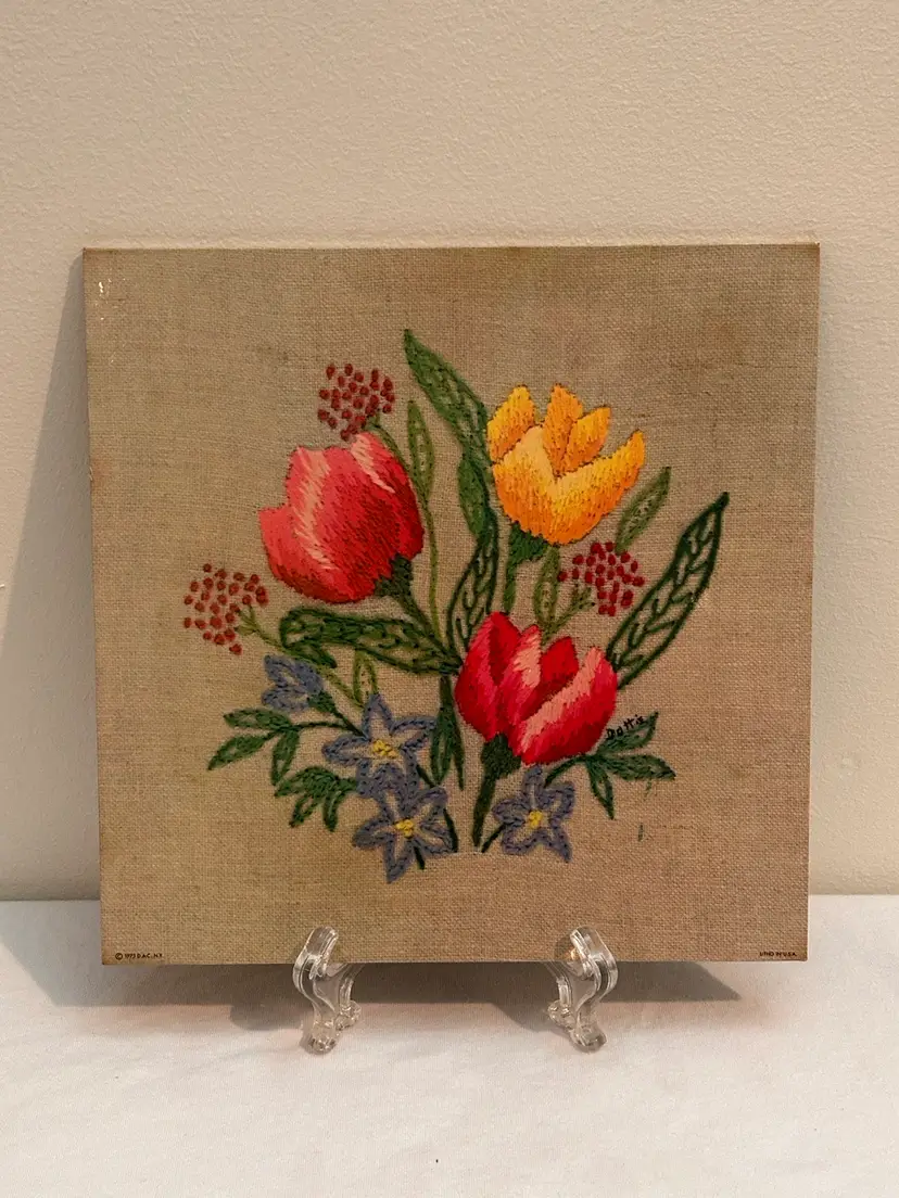 Donald Art Co USA Lithograph Vintage Wall Art Wall Hanging Embroidery Flower Signed