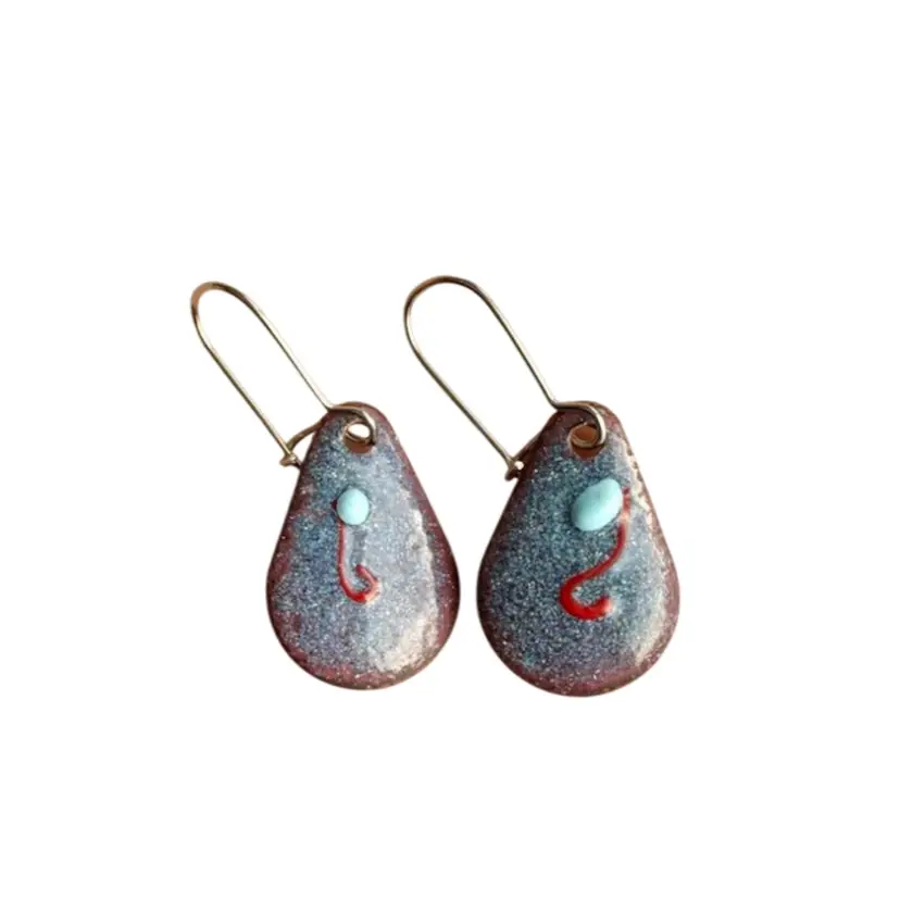 Handmade Artisan Copper Enamel Teardrop Dangle Earrings, Silver Toned, Pierced