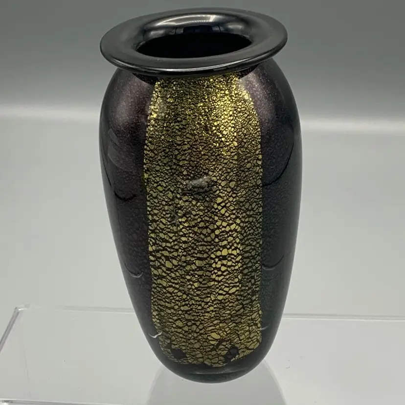 Studio Art Glass Vase Robert Eickholt Handblown Black with Gold Foil Design Iridescent Accents