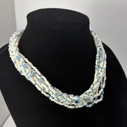 Vintage 8 Strand Blue & White Mini Bead Necklace 19" Length