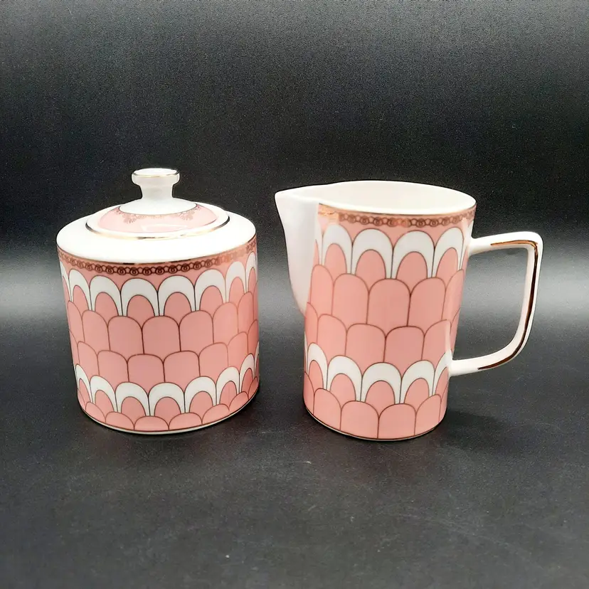 Art Deco Style Pink & Gold Scallop Cream & Sugar Set Fine Porcelain
