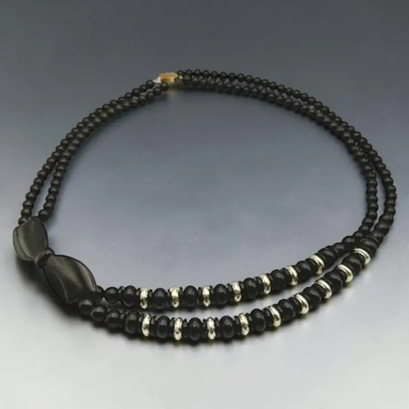 Vtg Black Faux Pearl Beads Gold Accents Large Black Bow Double Strand Necklace