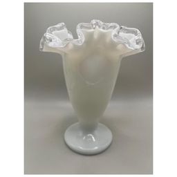 #01 Vintage Fenton Silver Crest White Milk Glass Ruffled Edge Vase ~ 6.25 inches Tall