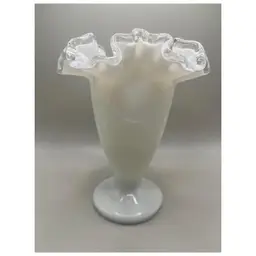 #01 Vintage Fenton Silver Crest White Milk Glass Ruffled Edge Vase ~ 6.25 inches Tall