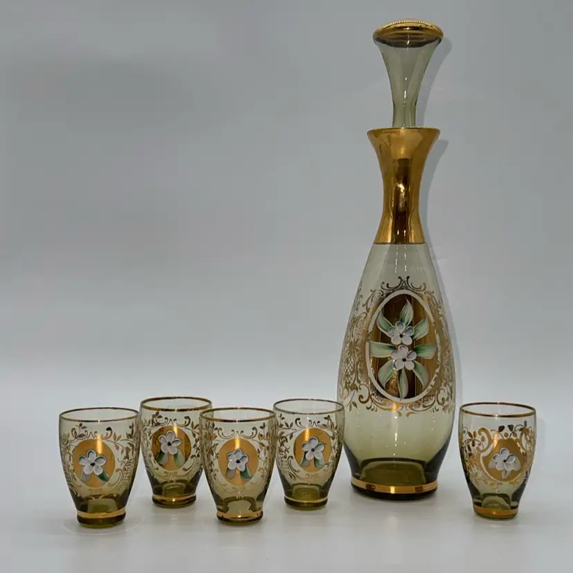 Vintage Bohemian Amber Glass Decanter Set