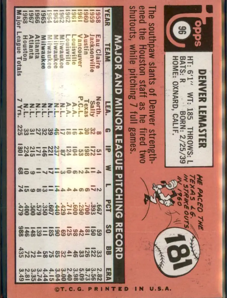 1969 Topps #96 Denver Lemaster - (pk3) - Houston Astros