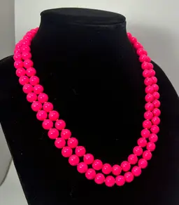 Vintage Neon Pink 2 Strand Plastic Bead Necklace 21" Japan