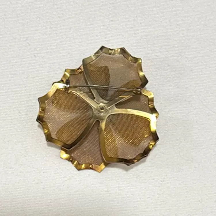 Rare Vintage Signed BED Mid Century Gold-tone Mesh Flower Brooch with 6 petals and Imitation Pearl Center, 1950s