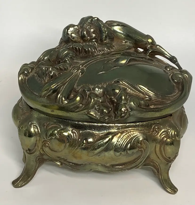 Antique Art Nouveau Large Footed Jewelry/Trinket Box, Fabric Lined, 4.5" x 5.5"