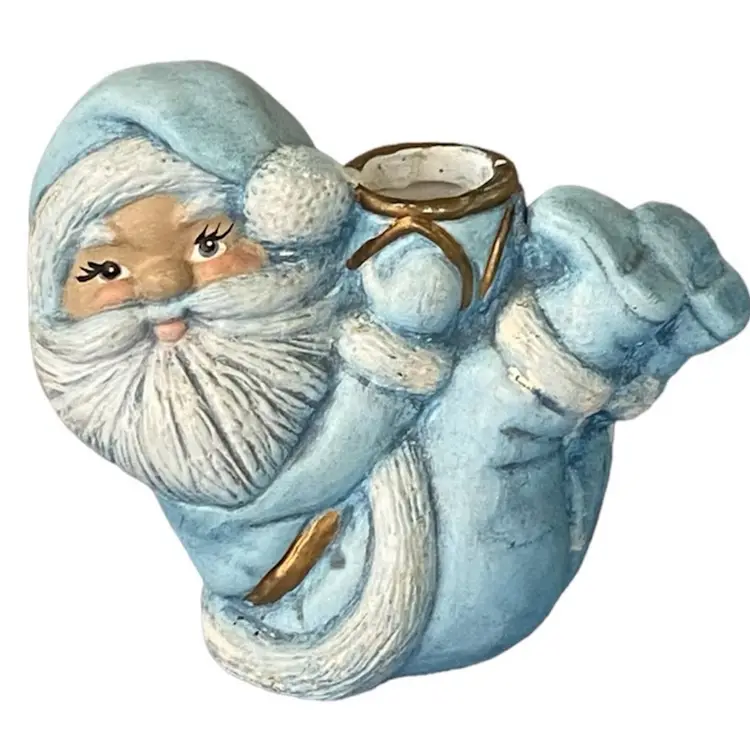 Vintage MCM Pair Of Santa Ceramic Candlestick Holders Hobbyist Painted Blue White & Gold