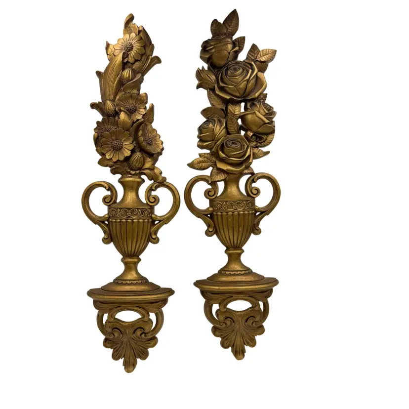 Syroco Gold Plastic Two Floral Urns Vintage Wall Hanging Decor Hollywood Regency