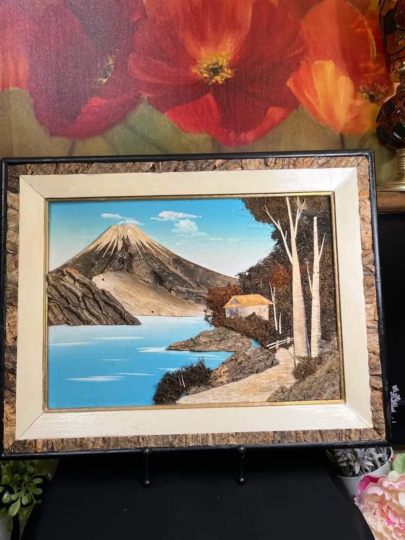 Made in Japan-Pristine Lake Tucked Into Mountains w/ Pathway to a Cabin-Birch Bark, Various Barks, Moss-3D-Lot 56