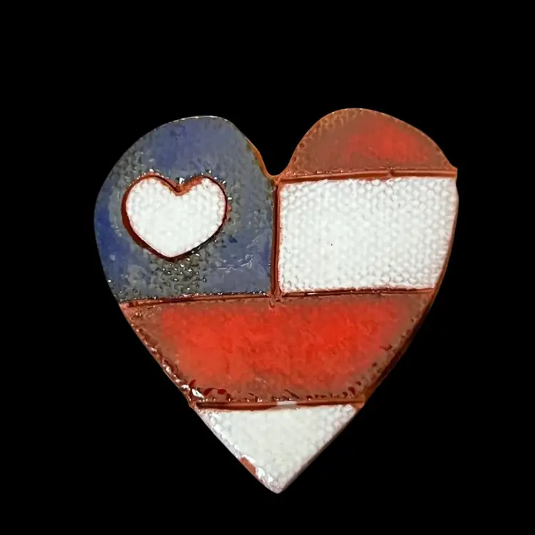Vintage Patriotic Glazed Terracotta Heart Brooch