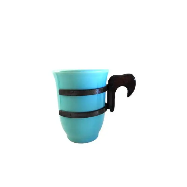 Vintage Cyan Artisan Ceramic Small Mug Cup with Removable Iron and Wood Handle